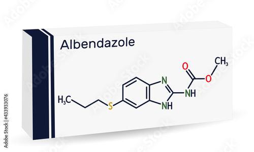 Albendazole molecule. It is is broad-spectrum, synthetic benzimidazole-derivative anthelmintic, used in treatment of parasitic worm infestations. Paper packaging for drugs