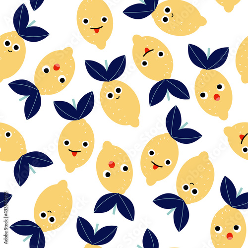 Funny seamless pattern with lemons. Childish summer print. Vector hand drawn illustration.