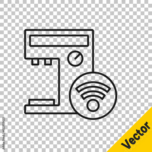 Black line Smart coffee machine system icon isolated on transparent background. Internet of things concept with wireless connection. Vector