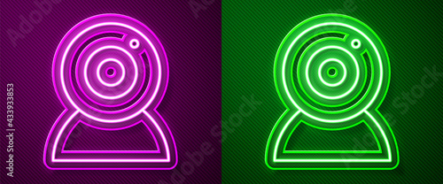 Glowing neon line Web camera icon isolated on purple and green background. Chat camera. Webcam icon. Vector