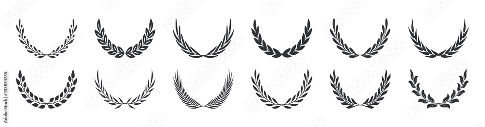 Set of black laurel wreaths. Laurel branches frames collection. Floral round frames of leaves. Vintage decorative elements for awards, medals, achievement, emblem, premium quality, ornate and logo. Set of black laurel wreaths. Laurel branches frames collection. Floral round frames of leaves. Vintage decorative elements for awards, medals, achievement, emblem, premium quality, ornate and logo.