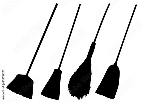 Broomsticks for cleaning the house in a set. Vector image.