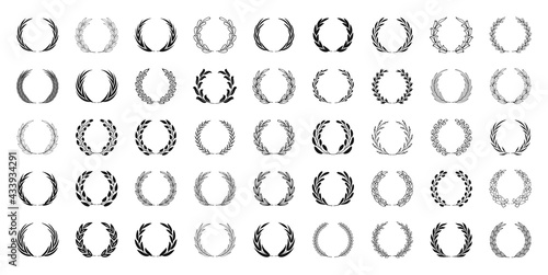 Set of black laurel wreaths. Laurel branches frames collection. Floral round frames of leaves. Vintage decorative elements for awards, medals, achievement, emblem, premium quality, ornate and logo.