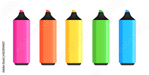 Colorful pen markers set. Realistic highlighters for drawing. Text markers collection. Office stationery. Vector illustration.