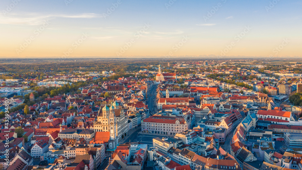 Top view of the entire city of Augsburg. Aerial view of Augsburg city center.