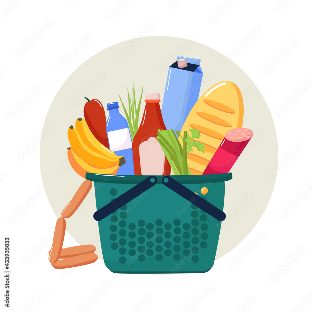 Grocery basket with food assortment flat vector illustration. Supermarket products in shopping handbasket. American food. Meal ingredients. Basketful of everyday gastronomy goods isolated on white