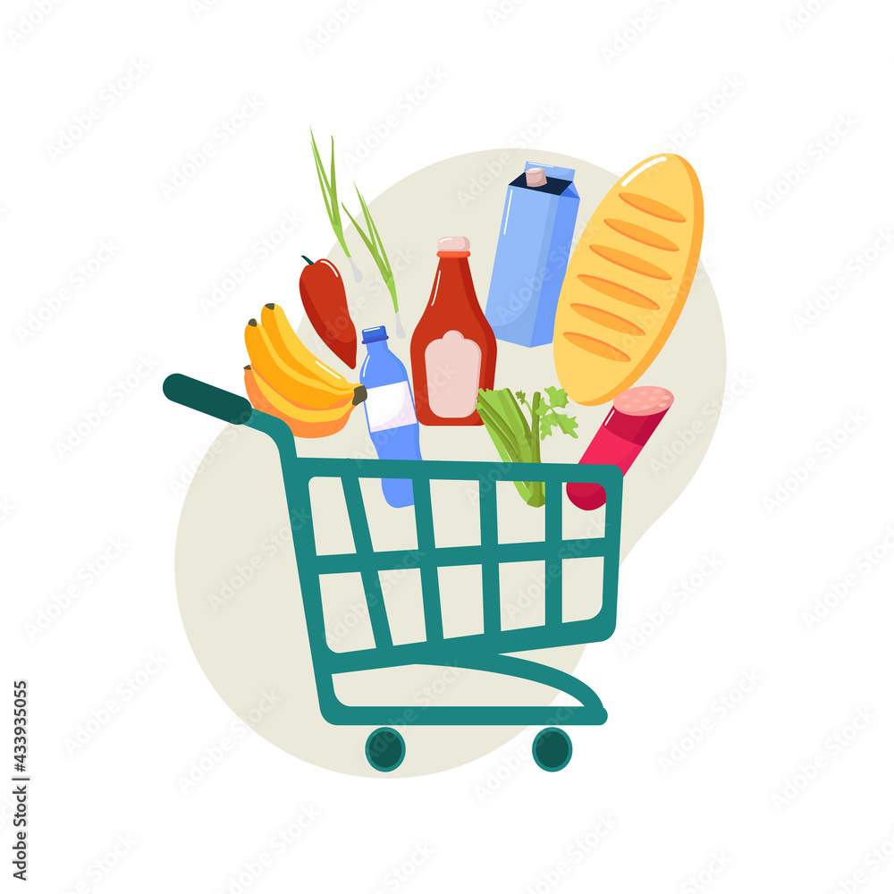Full shopping basket in the supermarket. Food cart shop. Grocery store vector icons. Illustration of shopping carts and trolleys for a supermarket, food items from a grocery market
