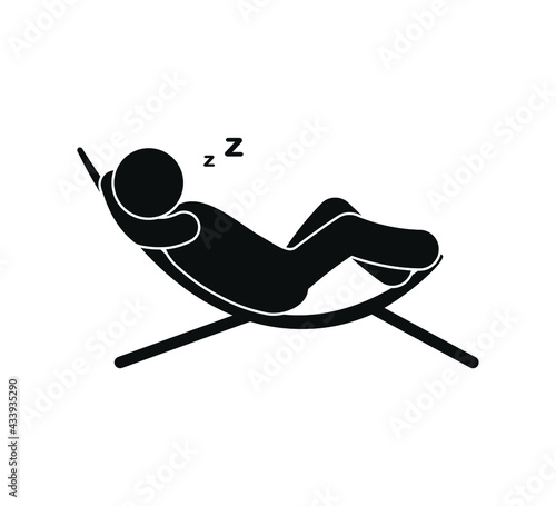 sleeping man icon, human silhouette lies in sun lounger, vector illustration sleep, stick man isolated pictogram, rest on vacation