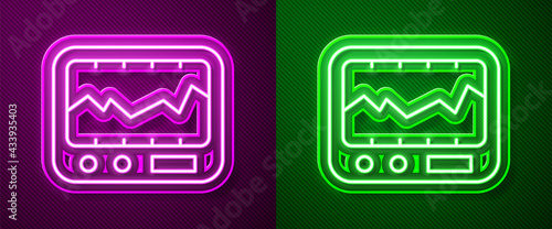 Glowing neon line Electrical measuring instrument icon isolated on purple and green background. Analog devices. Measuring device laboratory research. Vector