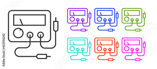 Black line Ampere meter, multimeter, voltmeter icon isolated on white background. Instruments for measurement of electric current. Set icons colorful. Vector