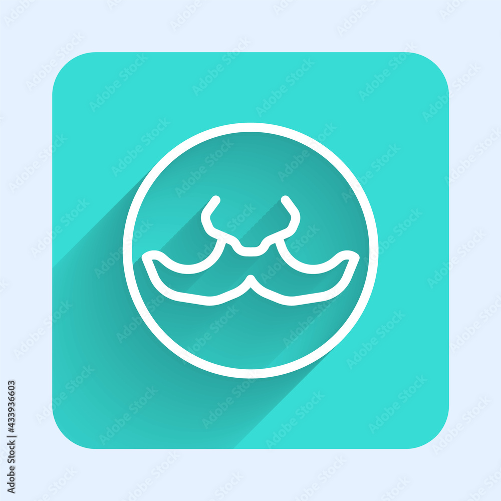 White line Mustache icon isolated with long shadow. Barbershop symbol. Facial hair style. Green square button. Vector White line Mustache icon isolated with long shadow. Barbershop symbol. Facial hair style. Green square button. Vector