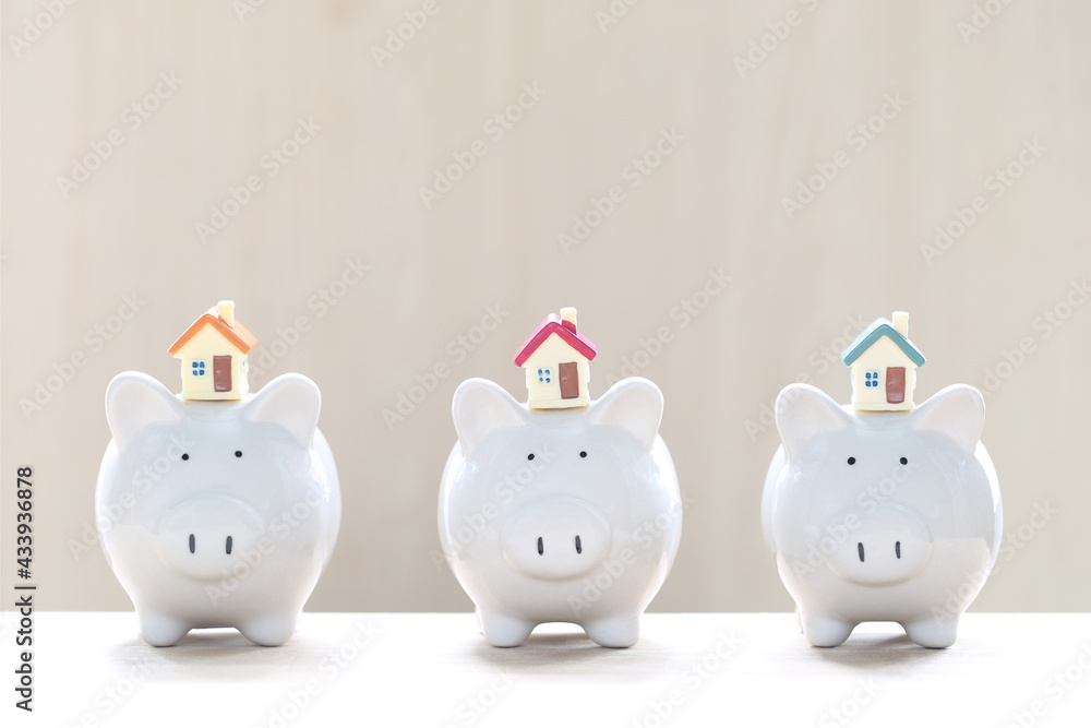 Model house and piggy bank on white background,Business investment and real estate concept Model house and piggy bank on white background,Business investment and real estate concept