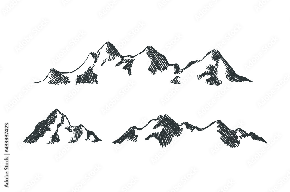 Vector hand drawn mountains, mountain sketch, nature illustration, different mountains.