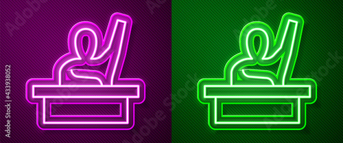Glowing neon line Active male kid raising hand answering to teacher question icon isolated on purple and green background. An elementary student raises his hand. Vector