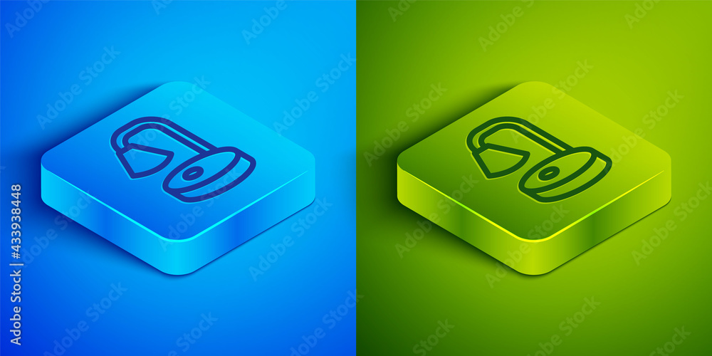 Isometric line Table lamp icon isolated on blue and green background. Desk lamp. Square button. Vector Isometric line Table lamp icon isolated on blue and green background. Desk lamp. Square button. Vector