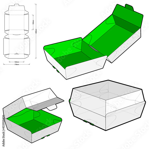 Fast Food Burger Box and Die-cut Pattern. The .eps file is full scale and fully functional. Prepared for real cardboard production.