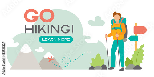 banner on the theme of travel, go on a hike. A man with a backpack is on his way to the mountains.