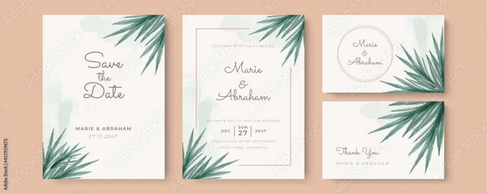 Set of card with flower rose, leaves watercolour. Wedding ornament concept. Floral poster, invite. Vector decorative greeting card or invitation design background