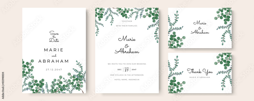 Set of wedding invitation card with flower and leaves. Green blue yellow gold minimalist simple wedding floral watercolour. Set of wedding invitation card with flower and leaves. Green blue yellow gold minimalist simple wedding floral watercolour.