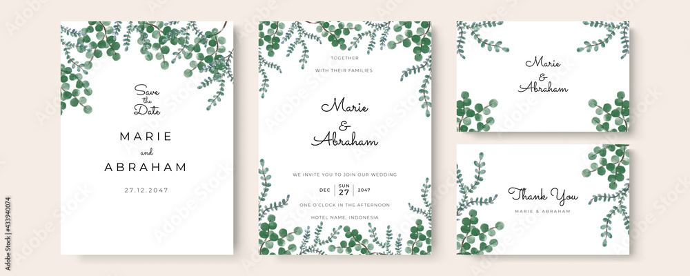 Set of wedding invitation card with flower and leaves. Green blue yellow gold minimalist simple wedding floral watercolour.