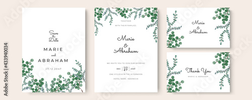 Set of wedding invitation card with flower and leaves. Green blue yellow gold minimalist simple wedding floral watercolour.