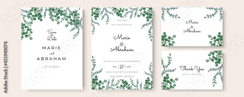 Set of wedding invitation card with flower and leaves. Green blue yellow gold minimalist simple wedding floral watercolour.