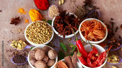 Curry Masala Powder with ingredients,Cumin, Curry, Peppers and Chilli - Delicious Meals,nutmeg,mace,different Indian Spices rotated on wooden table, photo