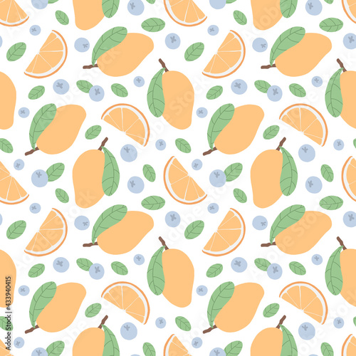 vector seamless pattern with mango, citrus orange slice, blueberries and green leaves on white background