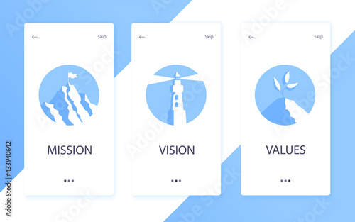 Mission, vision and values flat style design icons signs web concepts vector illustration set isolated on white background. Web page template concepts for business company strategy and teamwork plan.