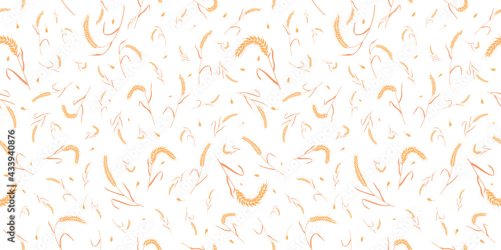 Seamless pattern with whole grain seeds organic, natural ears isolated on white background flat style design vector illustration. Wheat, barley or rye ears with straw chaotic version.