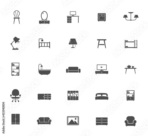 furniture silhouette vector icons isolated on white. furniture icon set for web, mobile apps, ui design and print