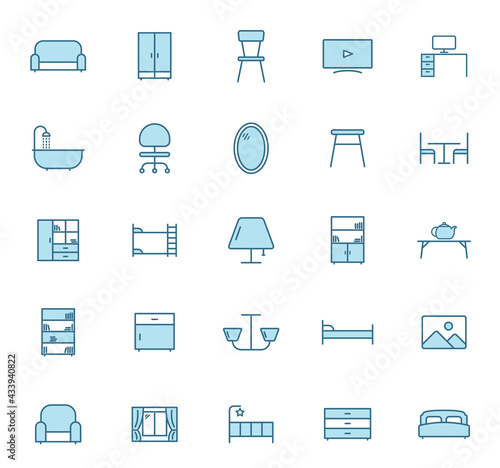furniture line vector icons in two colors isolated on white background. furniture blue icon set for web design, ui, mobile apps and print