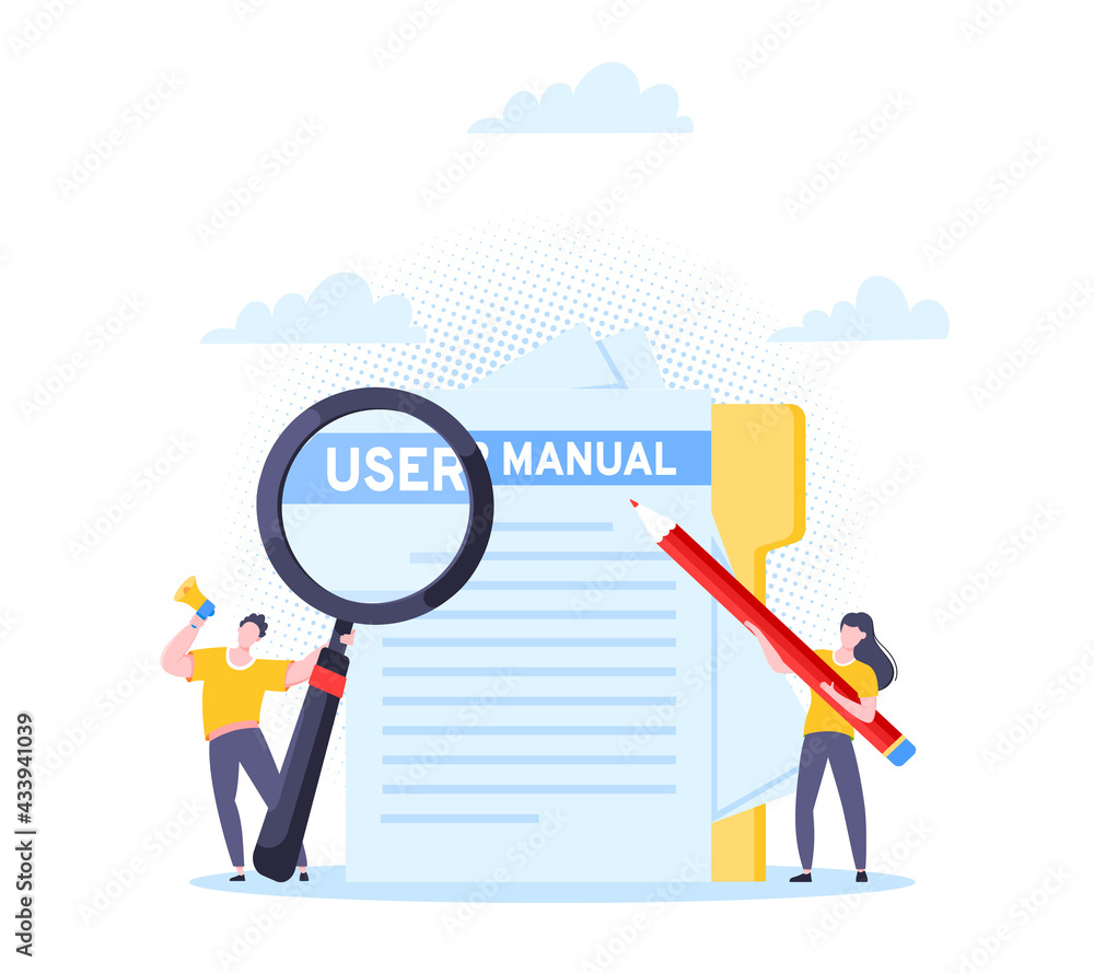 User manual guide book flat style design vector illustration. Tiny people, magnifying glass and pencil working together with guide book. Specifications user guidance document. User manual guide book flat style design vector illustration. Tiny people, magnifying glass and pencil working together with guide book. Specifications user guidance document.
