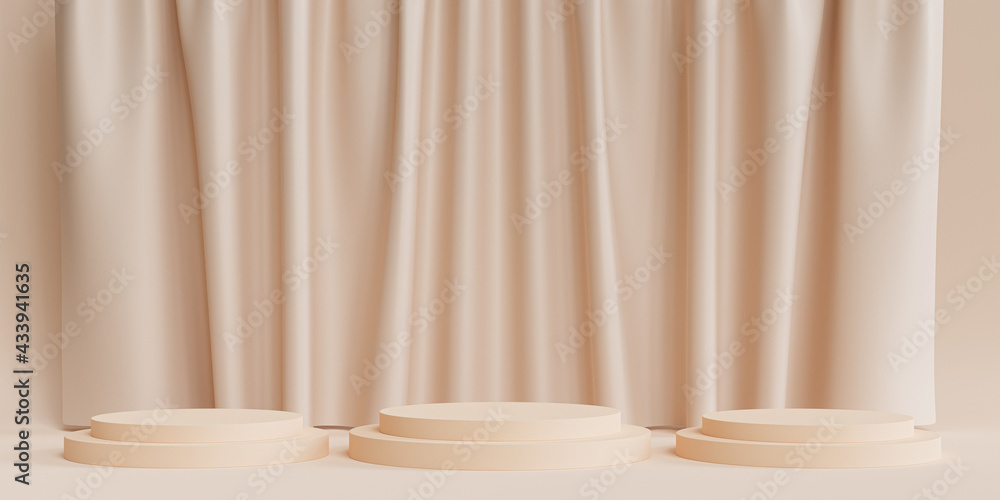 Podiums or pedestals for products or advertising on neutral beige background with curtains, minimal 3d illustration render