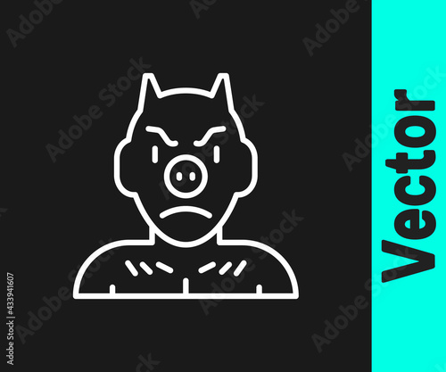 White line Krampus, heck icon isolated on black background. Horned devil. Traditional Christmas devil. Happy Halloween party. Vector