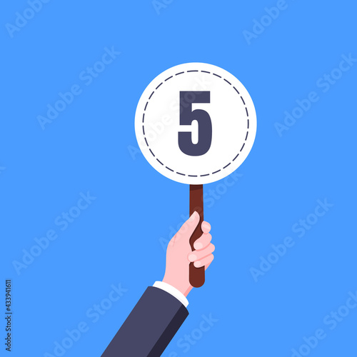 Hand hold round score card banner plate with number 5 business concept flat style design vector illustration. Votes jury judges of tournament or contest.