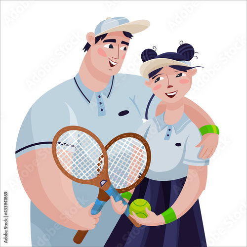 tennis players. coach and tennis player with rackets and tennis ball. tennis uniform. cartoon stile