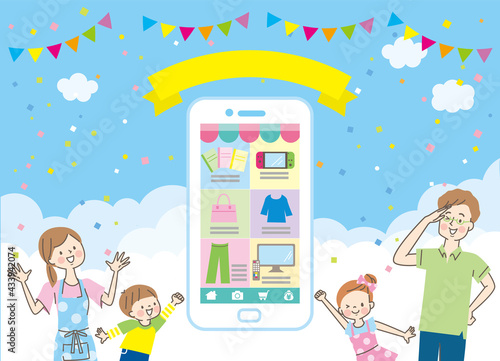 スマートフォンでオンラインショッピングをしている笑顔の家族
