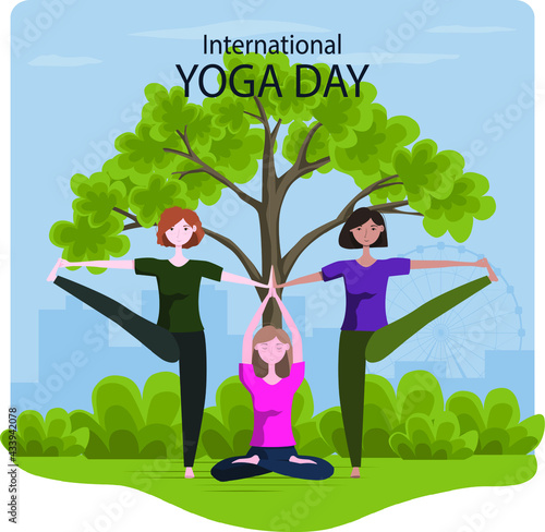 21 june international yoga day, young women doing yoga asana outdoor on grass. Flat cartoon style multi cultural character