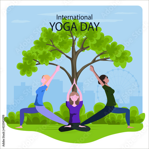 21 june international yoga day, young women doing yoga asana meditation outdoor. Flat cartoon style multi cultural character