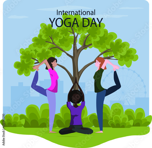 21 june international yoga day, young women doing yoga asana in a city park on grass. Flat cartoon style multi cultural character