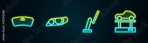 Set line Windshield, Car headlight, Windscreen wiper and Repair car on lift. Glowing neon icon. Vector