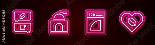 Set line Coffee and conversation, Manual coffee grinder, paper filter and Lovers. Glowing neon icon. Vector