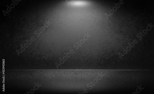 abstract dark black and gray empty room studio backdrop wallpaper inside room wall light black and empty space and gradient spotlight floor texture background.