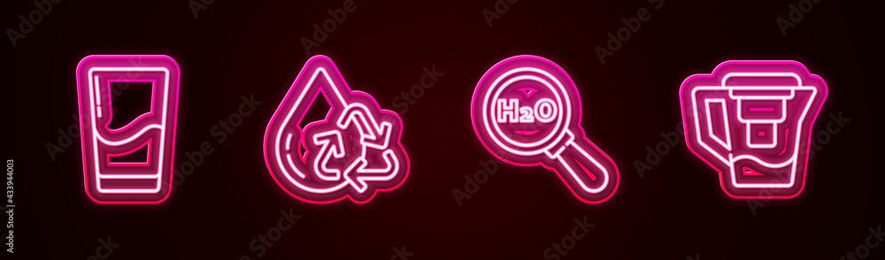 Set line Glass with water, Recycle clean aqua, Chemical formula for H2O and Water jug filter. Glowing neon icon. Vector Set line Glass with water, Recycle clean aqua, Chemical formula for H2O and Water jug filter. Glowing neon icon. Vector