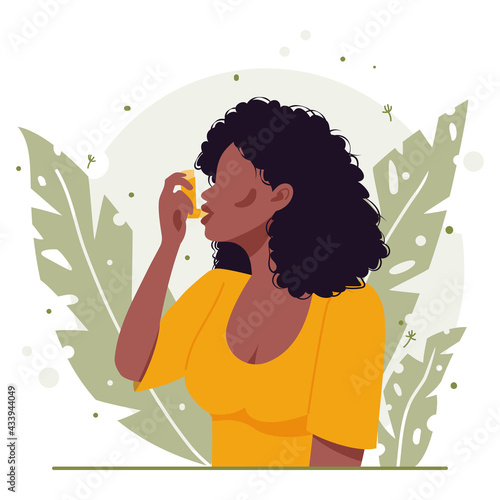 Young black african american woman with black curly hair uses an asthma inhaler against an allergic attack. Concept of world asthma day. Allergy, asthmatic. Bronchial asthma. Vector flat illustration