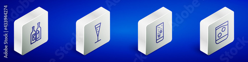 Set Isometric line Bottles of wine, Glass champagne, Effervescent tablets water and whiskey icon. Vector
