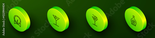 Set Isometric line Wooden barrel on rack, Martini glass, Cocktail and Bottle of cognac or brandy icon. Vector