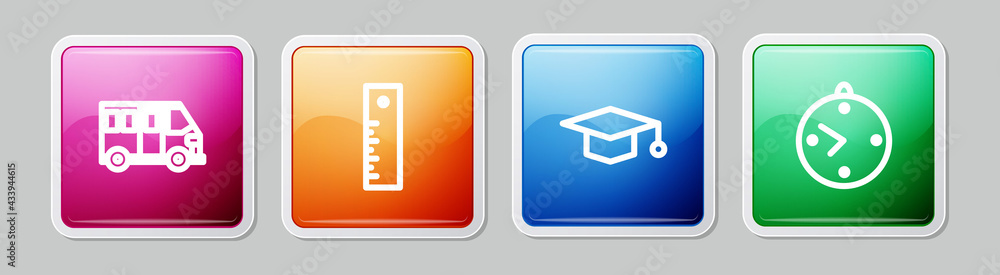 Set line School Bus, Ruler, Graduation cap and Clock. Colorful square button. Vector Set line School Bus, Ruler, Graduation cap and Clock. Colorful square button. Vector