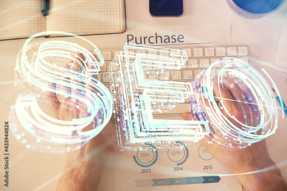 Multi exposure of man's hands typing over computer keyboard and SEO hologram drawing. Top view. Search optimization concept. Multi exposure of man's hands typing over computer keyboard and SEO hologram drawing. Top view. Search optimization concept.